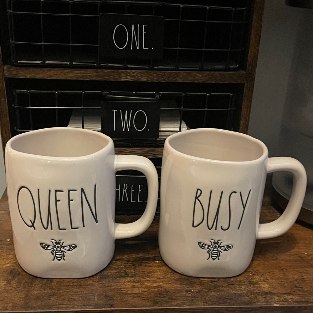 Rae Dunn White Queen and Busy Mugs